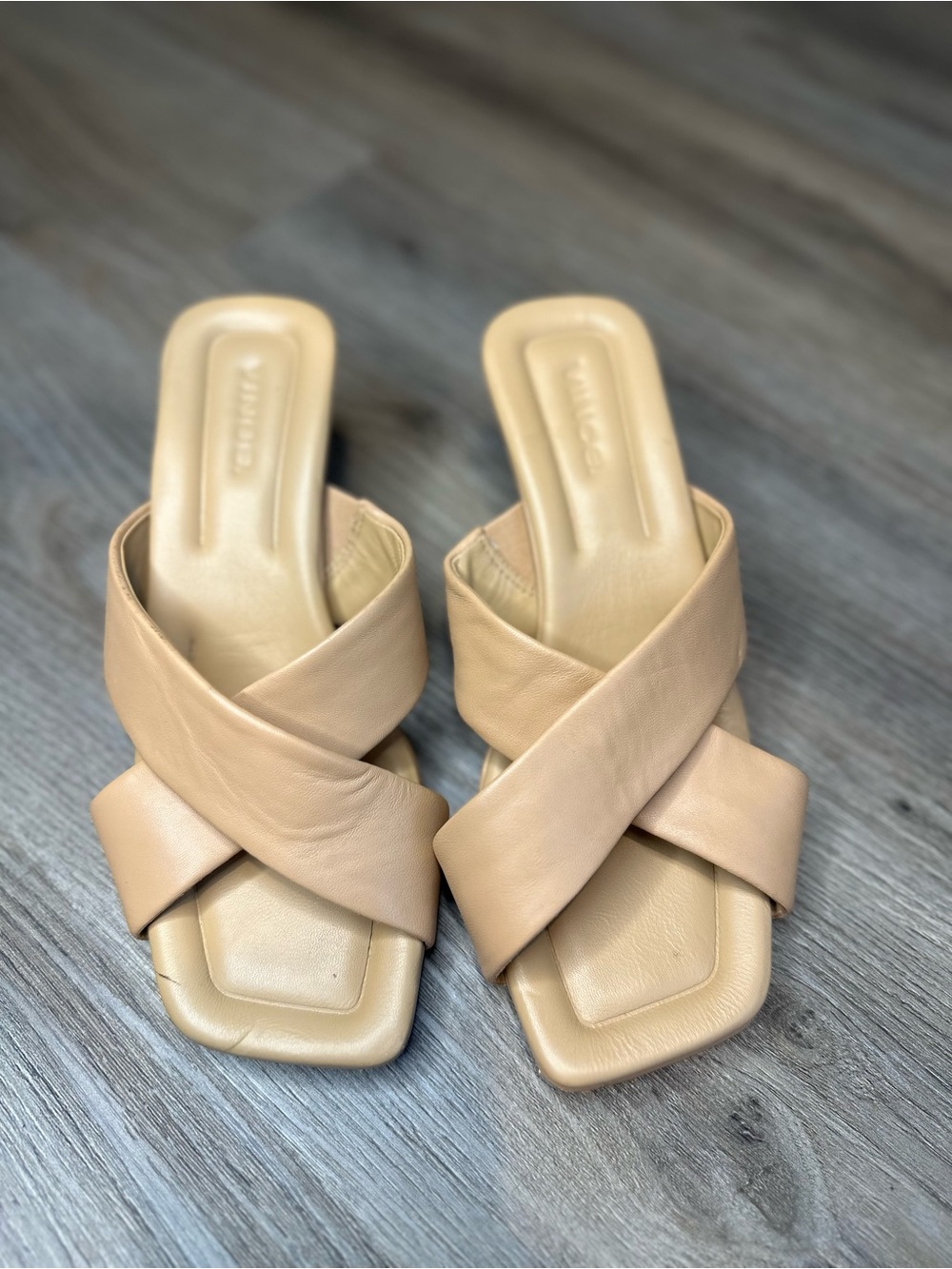 Vince Cecila Crisscross Leather Sandals Square Toe 3 inch Heel Tan Beige